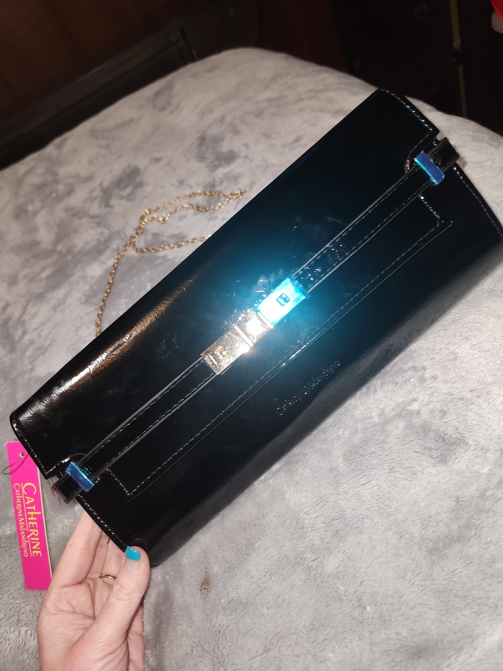 Catherine Malandrino Black Patent Clutch with Gold Chain
